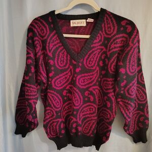 Vintage Talbott Paisley Sweater Small Black Purple Acrylic V Neck 80's Korea